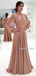 A-line V-neck Long Sleeves Lace Appliques Long Prom Dresses, PD0621