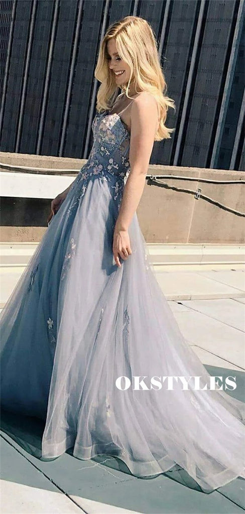 A-line Sapghetti Straps Backless Appliques Long Organza Prom Dresses, PD0622