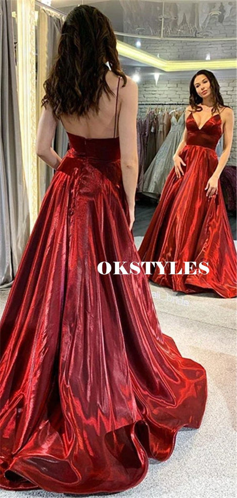 A-line V-neck Spaghetti Straps Backless Long Burgundy Prom Dresses, PD0636