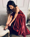 A-line V-neck Spaghetti Straps Backless Long Burgundy Prom Dresses, PD0636