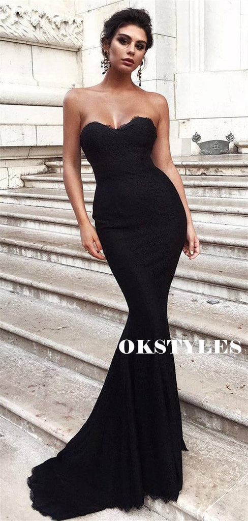 Mermaid Strapless Sexy Balck Lace Long Prom Dresses, PD0609
