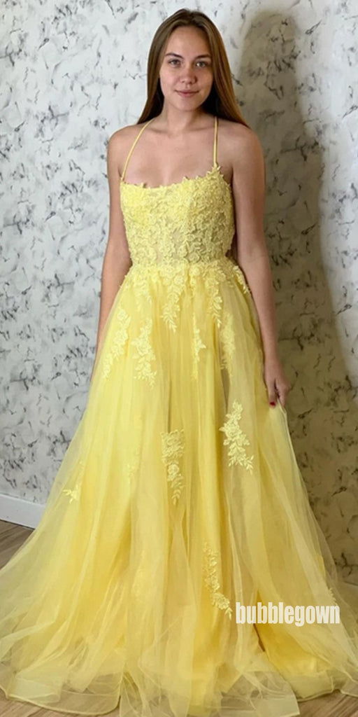 Applique Yellow A-line Tulle Long Prom Dresses FP1234