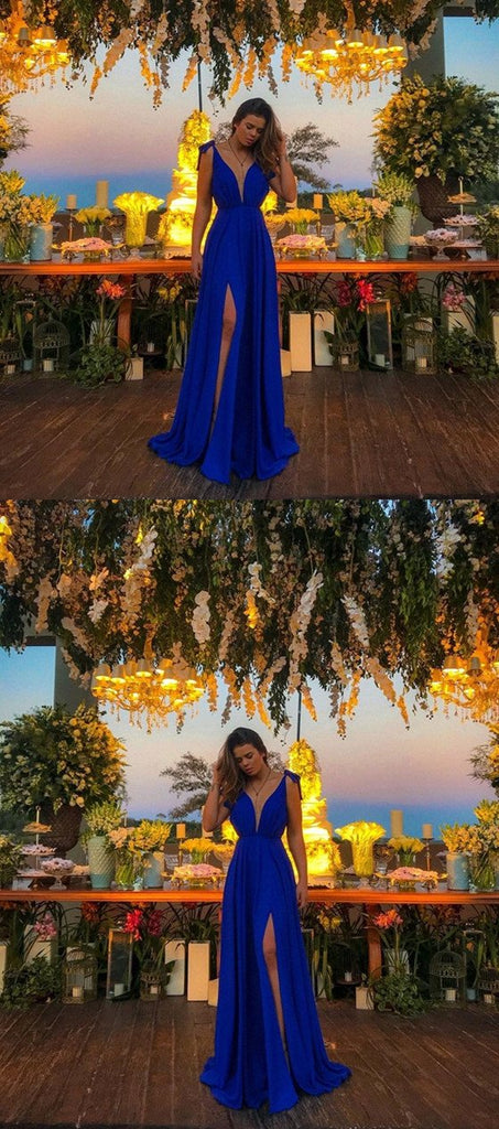 A-Line Deep V-Neck Royal Blue High Split Long Prom Dresses, PD0141