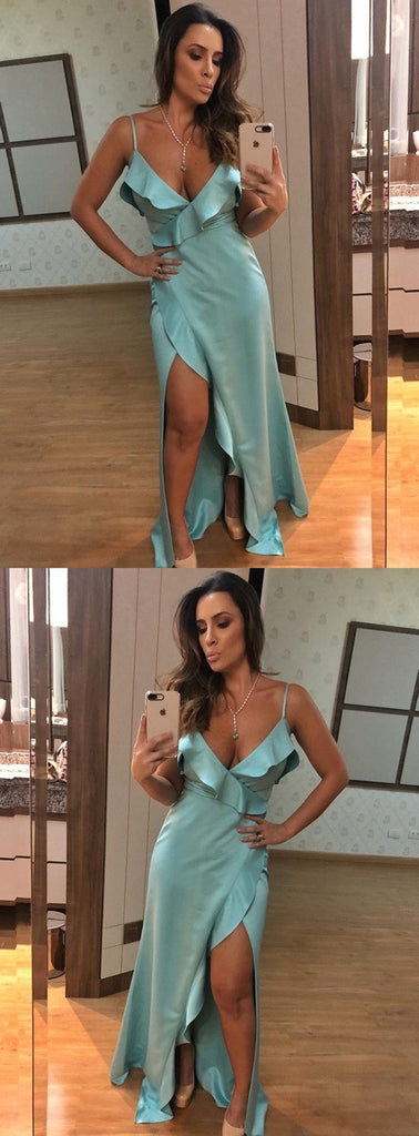 Spaghetti Straps V-neck Sexy Long Prom Dresses With Ruffles, PD0145