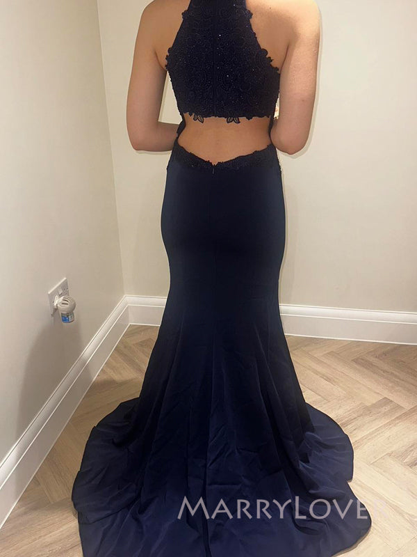 Navy Blue Sheath Mermaid Appliques Halter Long Evening Prom Dresses, MR9289