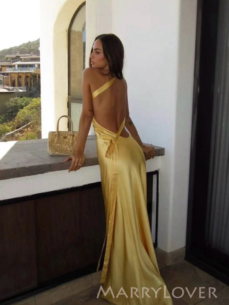 One Shoulder Backless Gold Satin Long Mermaid Evening Prom Dresses, MR0004