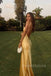 One Shoulder Backless Gold Satin Long Mermaid Evening Prom Dresses, MR0004