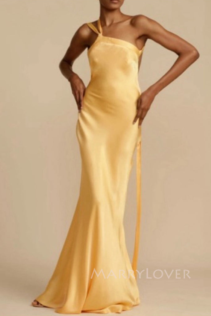 One Shoulder Backless Gold Satin Long Mermaid Evening Prom Dresses, MR0004