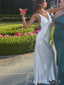 Simple Deep V-neck White Long Backless Evening Prom Dresses Satin, MR0006