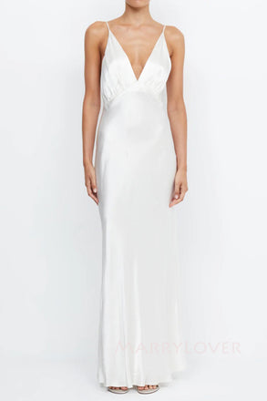 Simple Deep V-neck White Long Backless Evening Prom Dresses Satin, MR0006