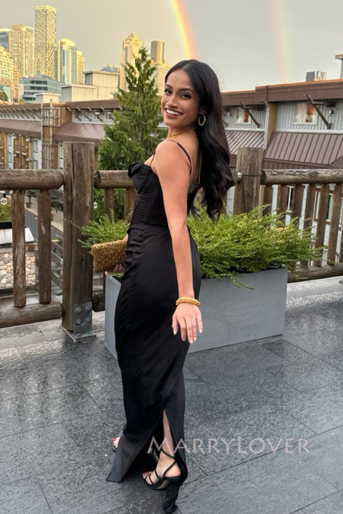 Elegant Mermaid Black Satin Long Back Slit Evening Prom Dresses, MR0011