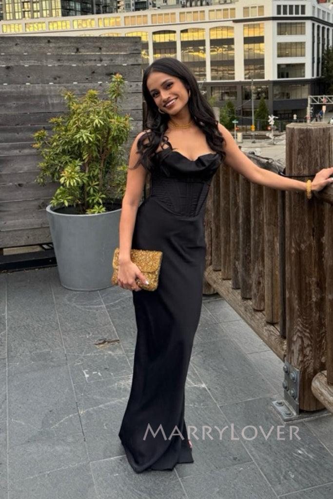 Elegant Mermaid Black Satin Long Back Slit Evening Prom Dresses, MR0011