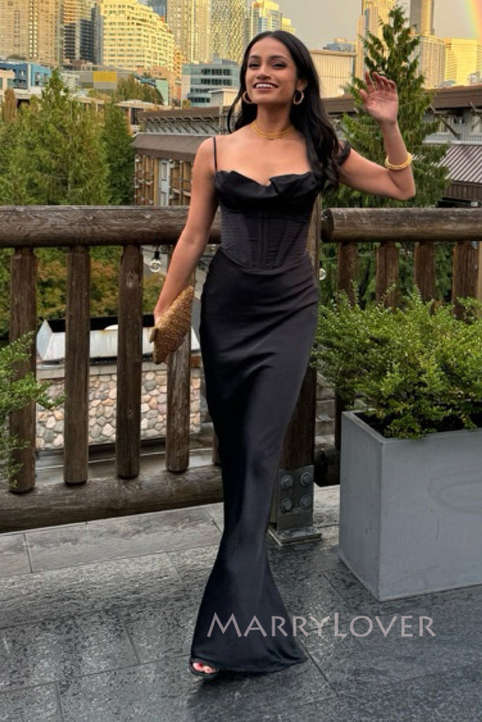 Elegant Mermaid Black Satin Long Back Slit Evening Prom Dresses, MR0011