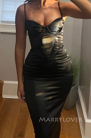 Sexy Mermaid Black Satin Long Evening Prom Dresses Spaghetti Straps, MR0012