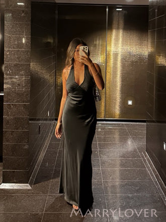Sheath Deev V-neck Black Satin Long Evening Prom Dresses, MR0013