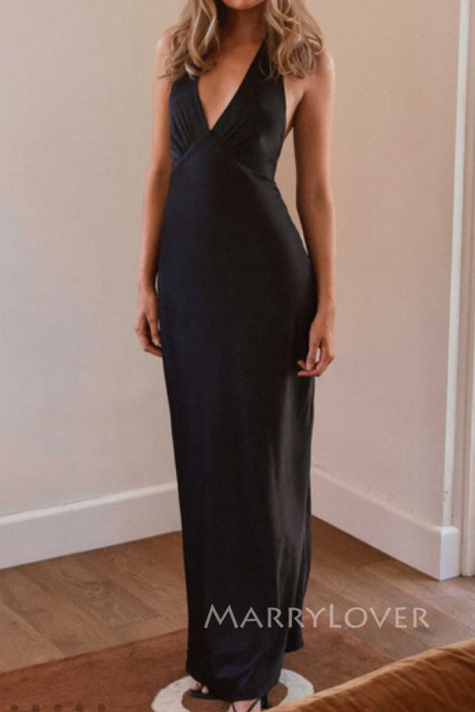 Sheath Deev V-neck Black Satin Long Evening Prom Dresses, MR0013