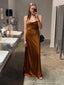 Backless Burnt orange Satin Spaghetti Straps Long Evening Prom Dresses, MR0023