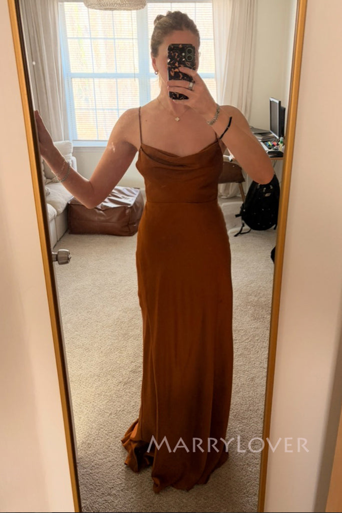 Backless Burnt orange Satin Spaghetti Straps Long Evening Prom Dresses, MR0023