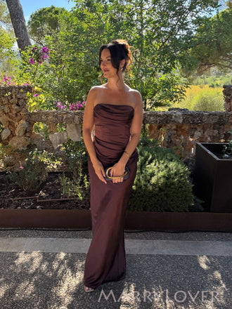 Brown Satin Mermaid Strapless Long Evening Prom Dresses, MR0030