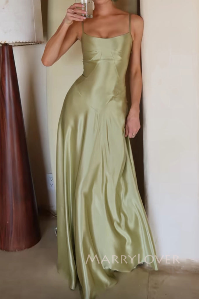 Lovely Green Satin Spaghetti Straps Long Evening Prom Dresses, MR0031
