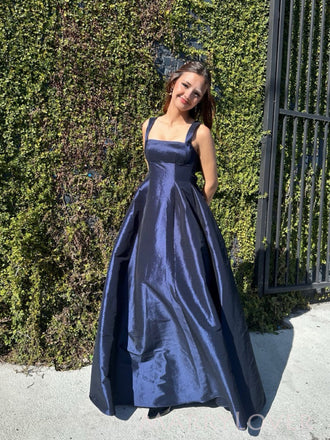 Navy Blue Satin A-line Straps Long Evening Prom Dresses, MR0032