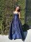 Navy Blue Satin A-line Straps Long Evening Prom Dresses, MR0032