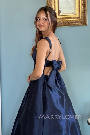 Navy Blue Satin A-line Straps Long Evening Prom Dresses, MR0032