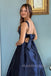 Navy Blue Satin A-line Straps Long Evening Prom Dresses, MR0032