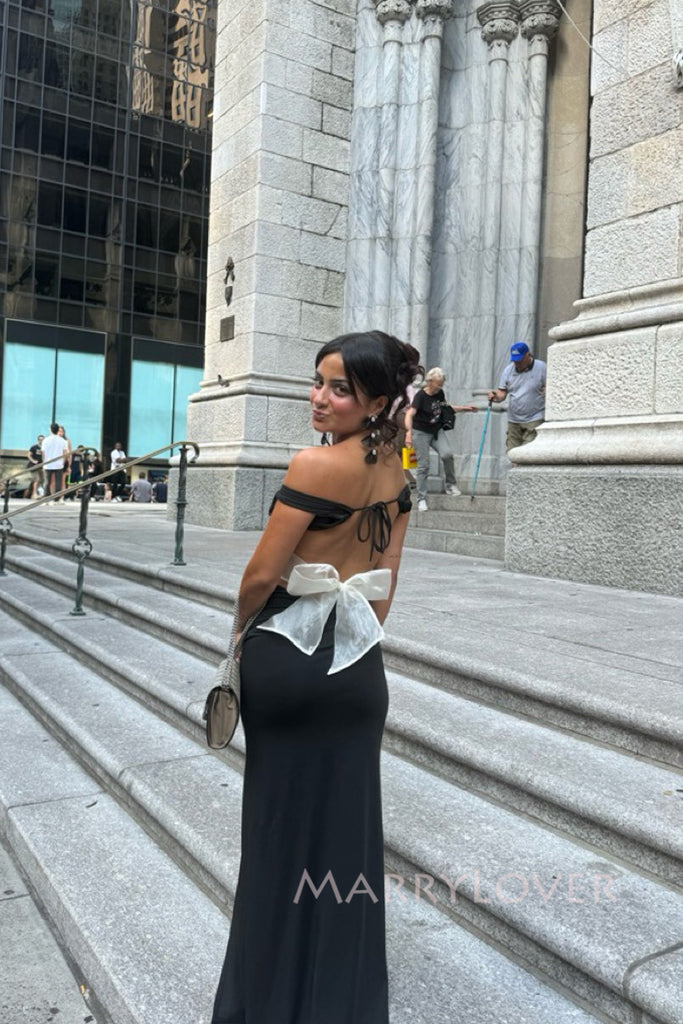 Off Shoulder Black Mermaid Backless Long Evening Prom Dresses, MR0034