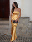 Simple Strapless Gold Satin Mermaid Long Evening Prom Dresses, MR0035