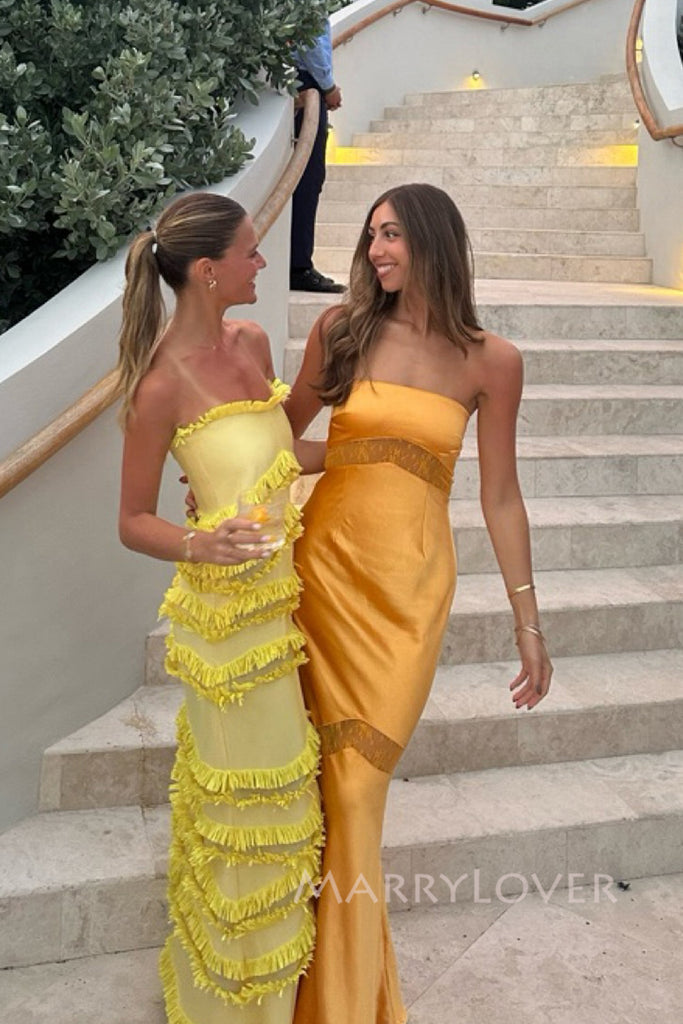 Simple Strapless Gold Satin Mermaid Long Evening Prom Dresses, MR0035