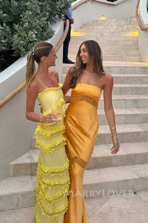 Simple Strapless Gold Satin Mermaid Long Evening Prom Dresses, MR0035