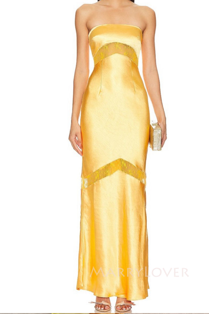 Simple Strapless Gold Satin Mermaid Long Evening Prom Dresses, MR0035