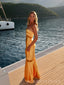 Gold Satin Lace Strapless Mermaid Long Evening Prom Dresses, MR0036