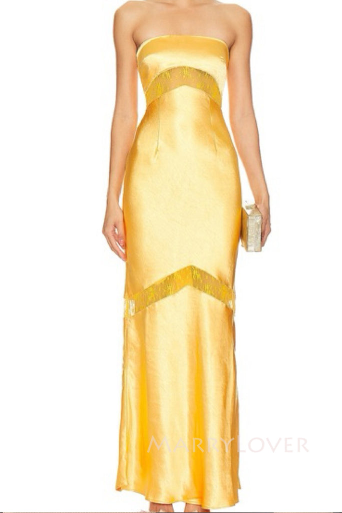 Gold Satin Lace Strapless Mermaid Long Evening Prom Dresses, MR0036