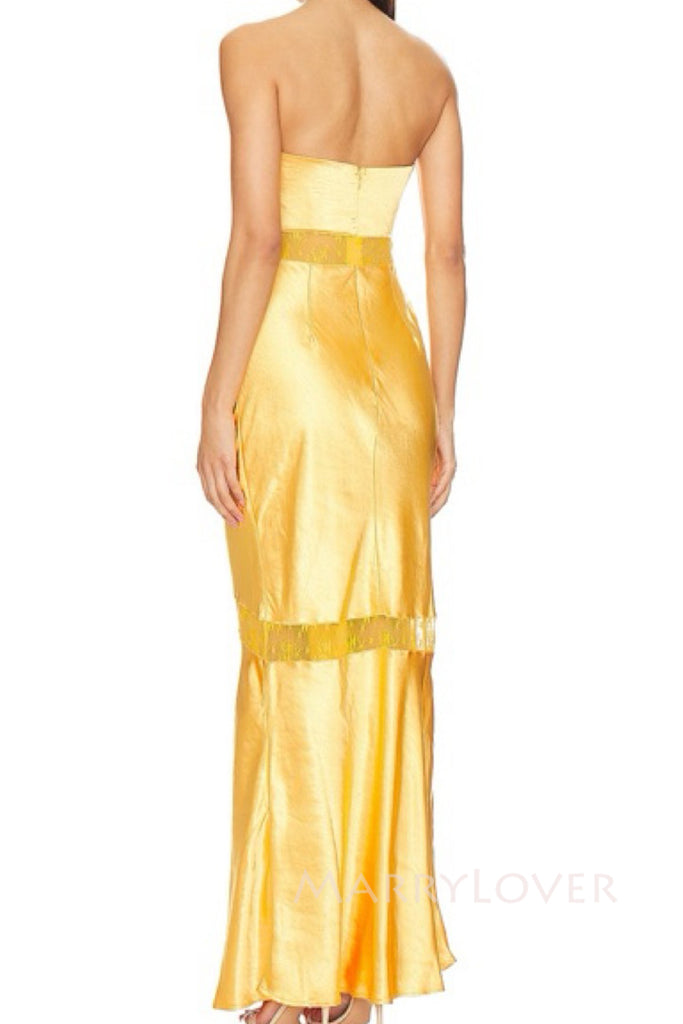 Gold Satin Lace Strapless Mermaid Long Evening Prom Dresses, MR0036