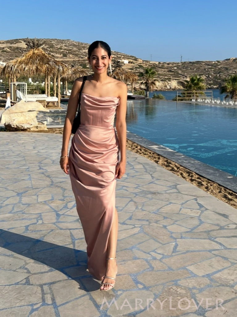 Strapless Satin Mermaid Side Slit Long Evening Prom Dresses, MR0039