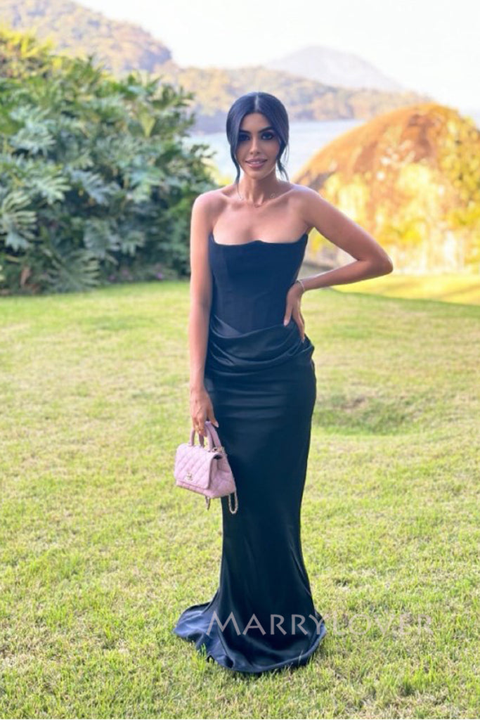 Popupar Strapless Black Satin Mermaid Long Evening Prom Dresses, MR0040
