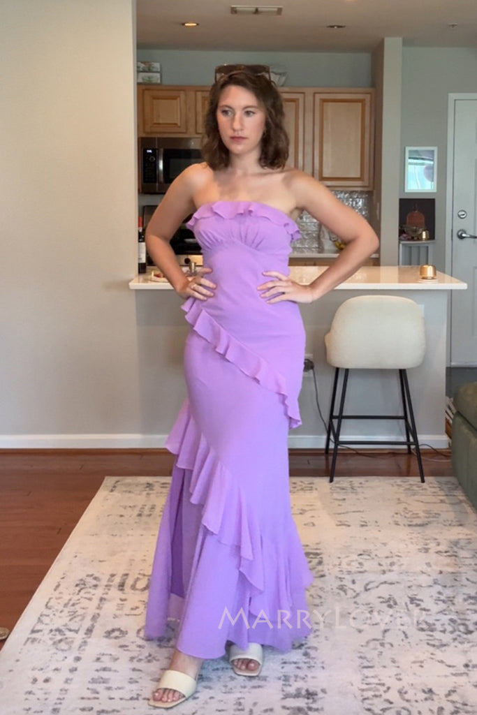 Sheath Strapless Purple Chiffon Long Mermaid Evening Prom Dresses Strapless, MR0042