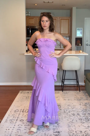 Sheath Strapless Purple Chiffon Long Mermaid Evening Prom Dresses Strapless, MR0042