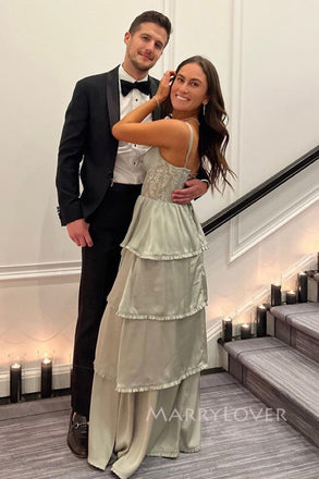 Gorgeous Spaghetti Straps Satin Lace Long Evening Prom Dresses, MR0043