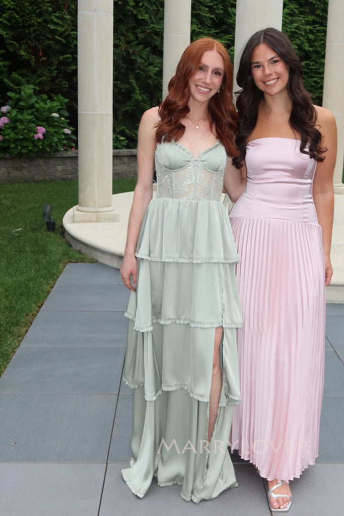 Gorgeous Spaghetti Straps Satin Lace Long Evening Prom Dresses, MR0043