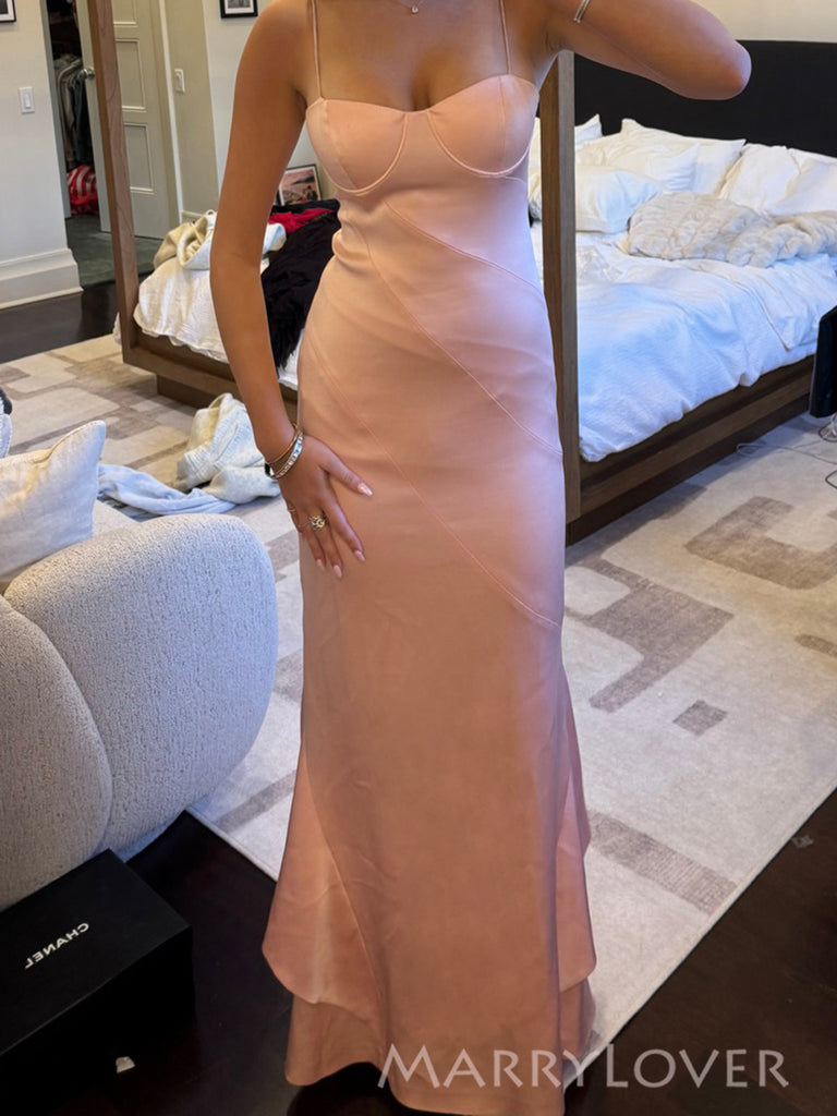 Popular Pink Satin Spaghetti Straps Long Evening Prom Dresses Mermaid, MR0046