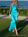 One Shoulder Blue Satin Side Slit Long Evening Prom Dresses, MR0047