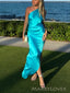One Shoulder Blue Satin Side Slit Long Evening Prom Dresses, MR0047