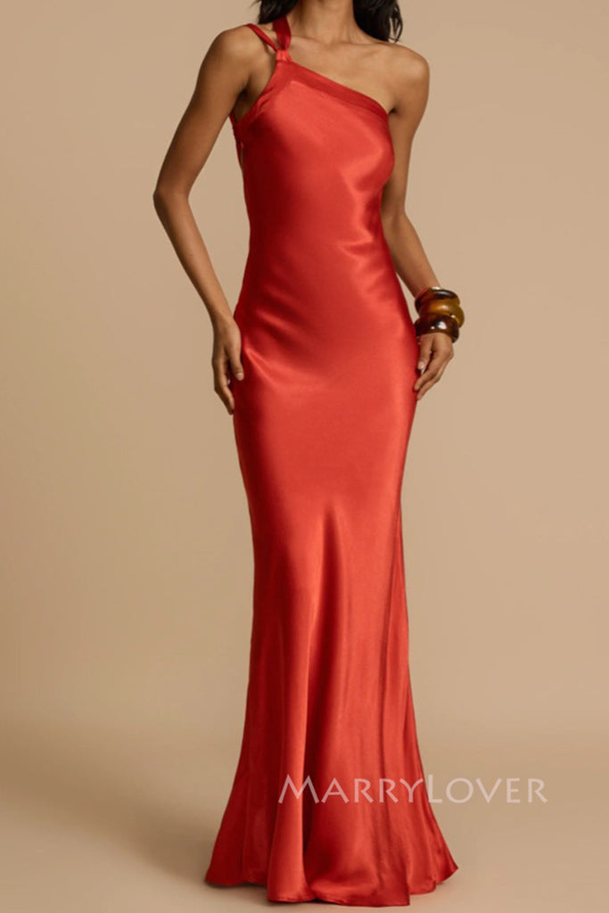 One Shoulder Soft Satin Mermiad Long Evening Prom Dresses Backless, MR0049