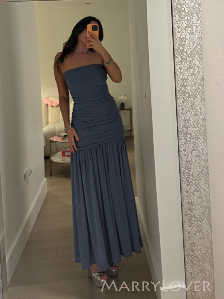 Dusty Blue Chiffon Strapless Long Evening Prom Dresses, MR0052