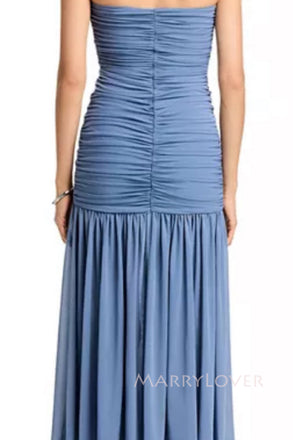 Dusty Blue Chiffon Strapless Long Evening Prom Dresses, MR0052