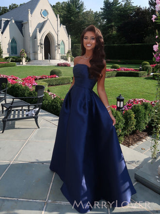 Navy Blue Satin Strapless Long A-line Evening Prom Dresses, MR0053