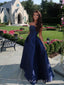 Navy Blue Satin Strapless Long A-line Evening Prom Dresses, MR0053